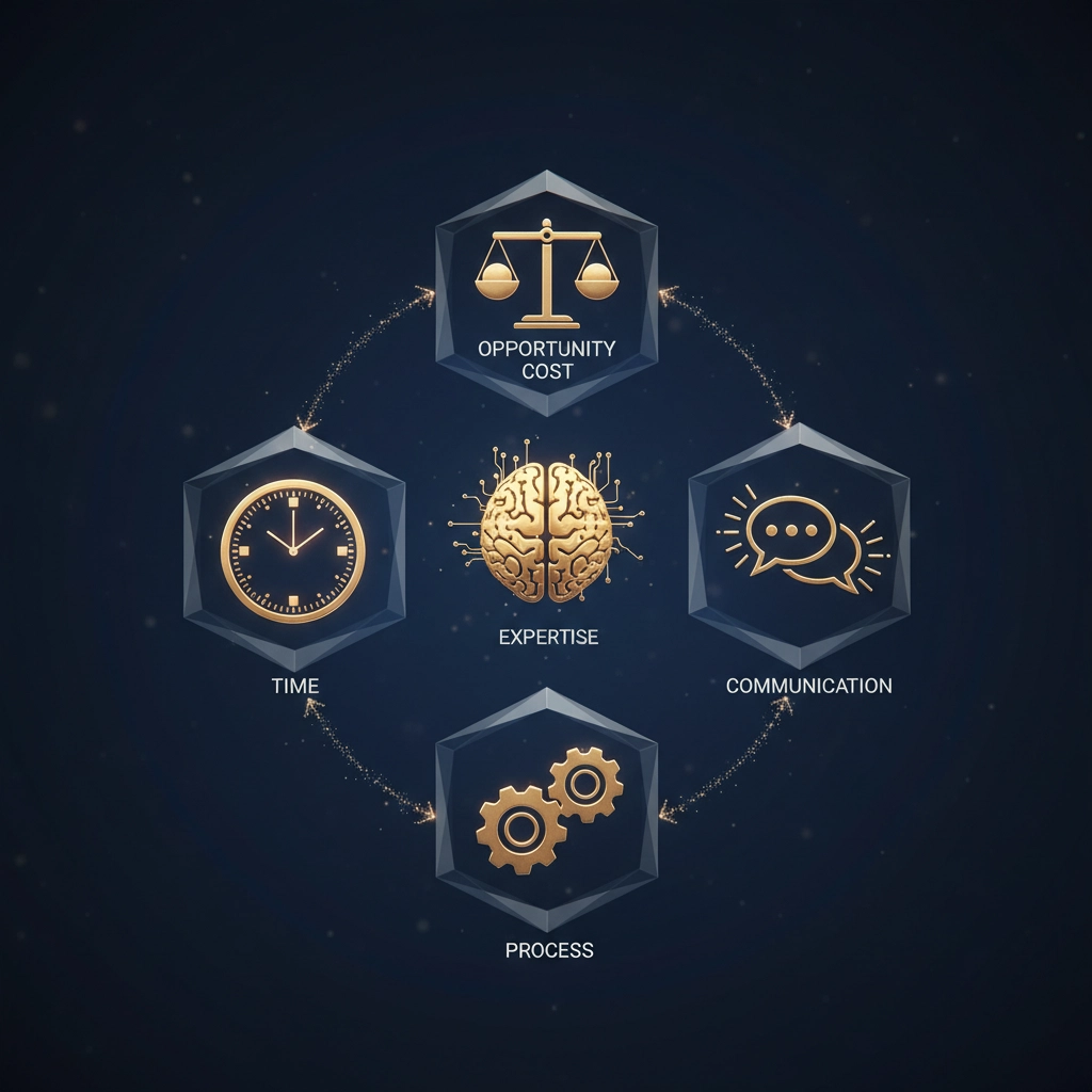 Infographic breaking down ghostwriting service components with icons for time, expertise, process, communication, and opportunity cost