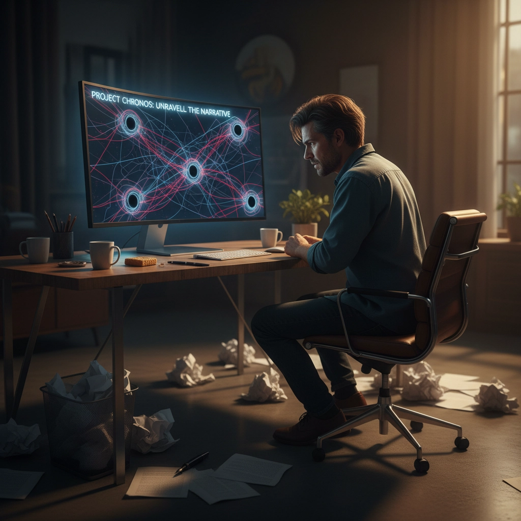 Frustrated author staring at computer screen showing tangled, chaotic story timeline with plot holes everywhere