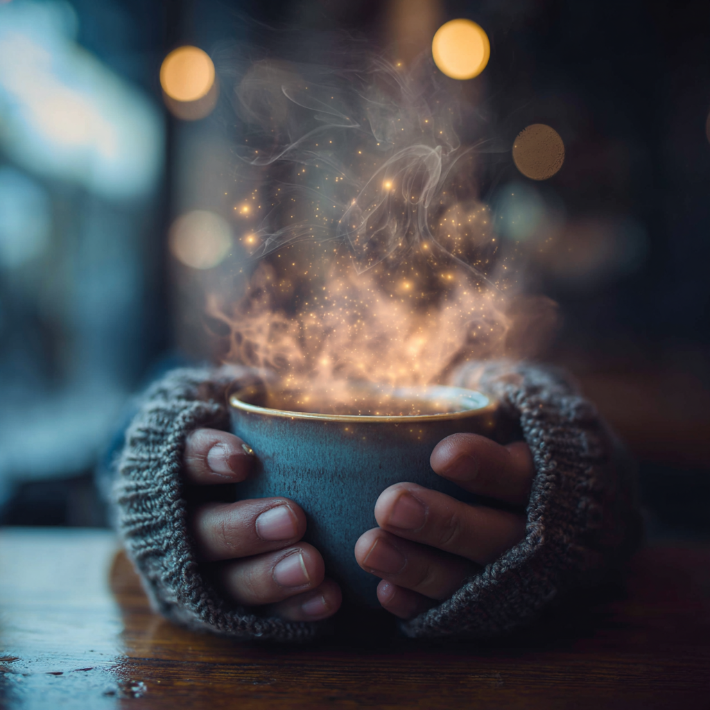 Close-up of hands wrapped around a steaming coffee mug, symbolizing emotional specificity in storytelling and the human detail AI writing often misses.