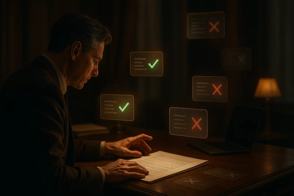 Author confidently reviewing AI suggestions at desk, accepting some and rejecting others with clear editorial judgment