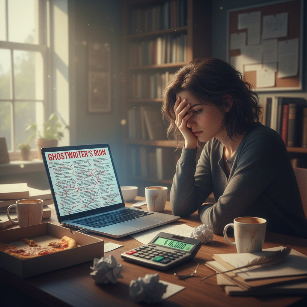 Stack of messy manuscript pages illustrating ghostwriting mistakes and plot holes