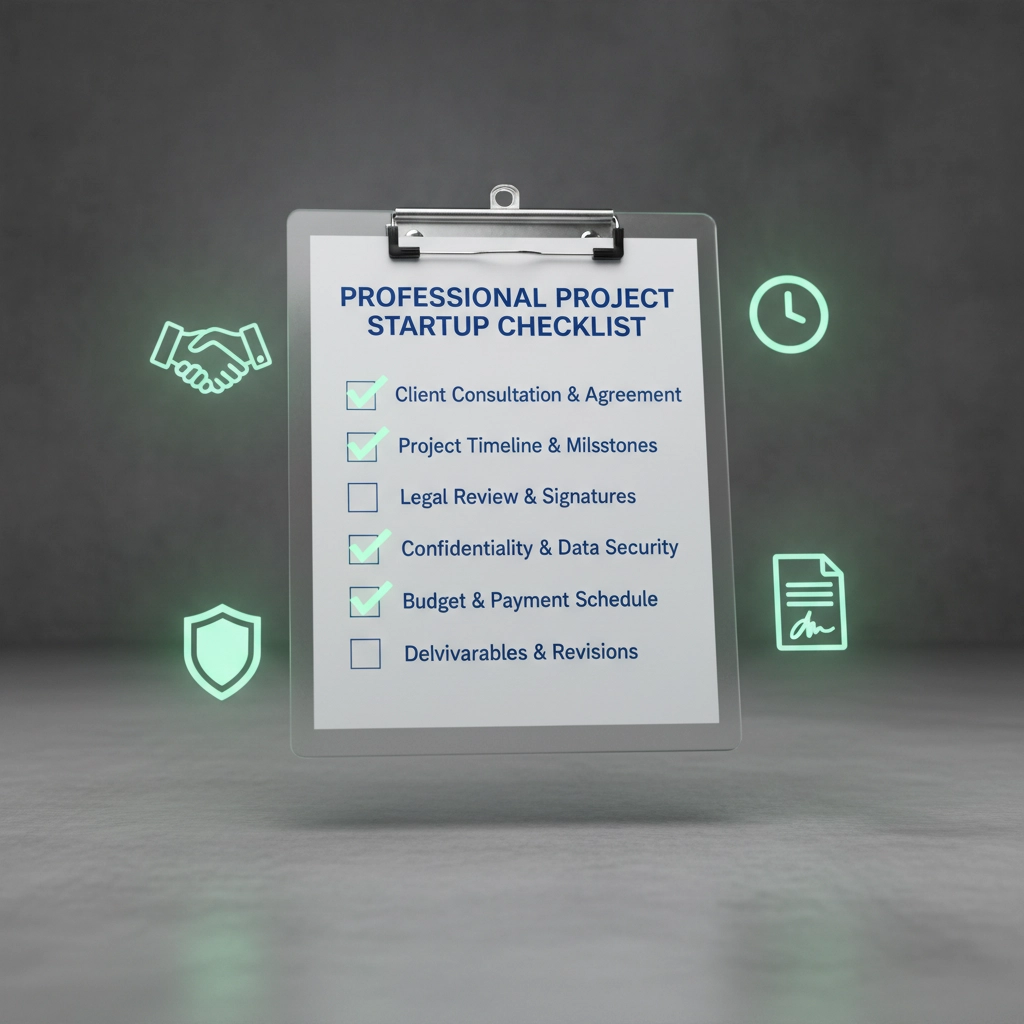 Professional checklist with checkmarks showing essential ghostwriting contract elements and must-have clauses