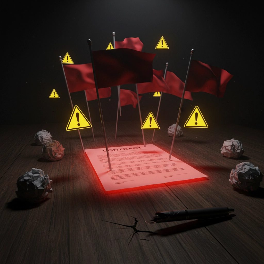 Warning signs and red flags floating around a ghostwriting contract, highlighting dangerous payment terms