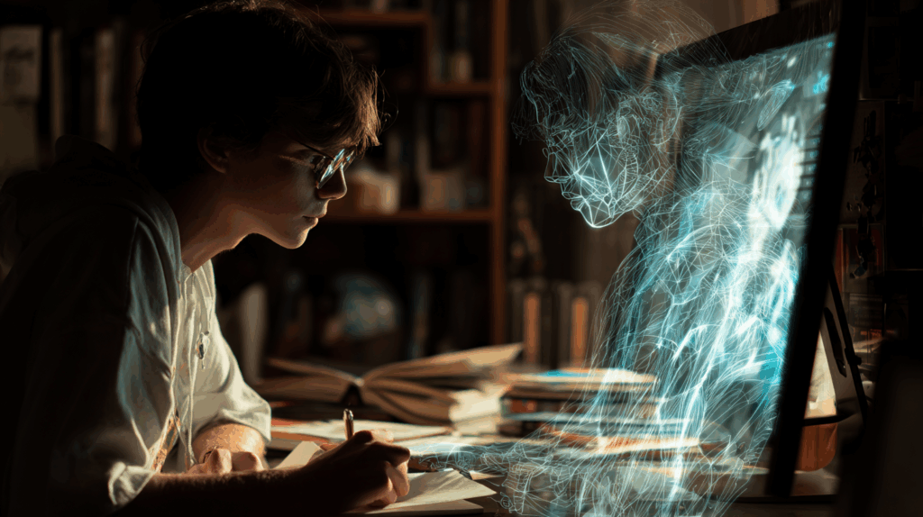 AI assistant generating creative ideas while an author brainstorms story concepts for a new book