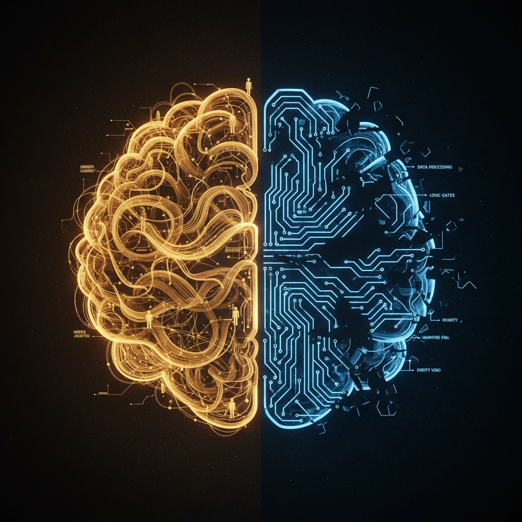 Split screen showing human brain understanding story structure versus AI circuit board missing emotional connections
