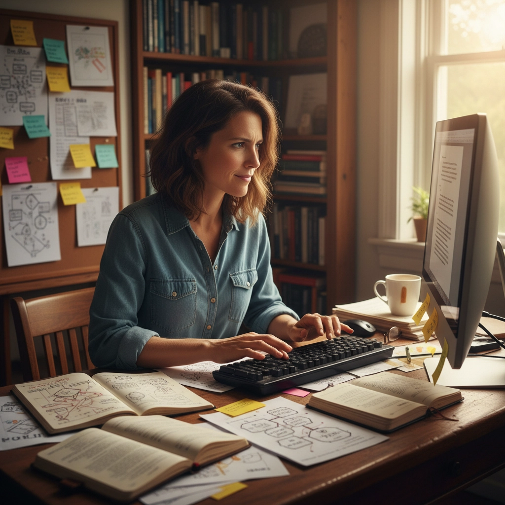 Professional writer at desk crafting a manuscript with creative focus and attention