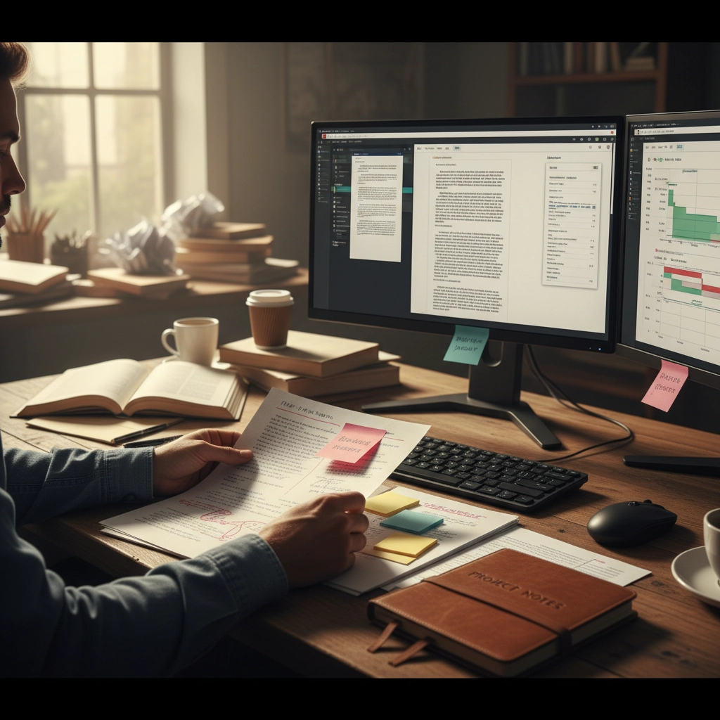 author reviewing Professional ghostwriter fiction manuscript draft on computer for quality control.