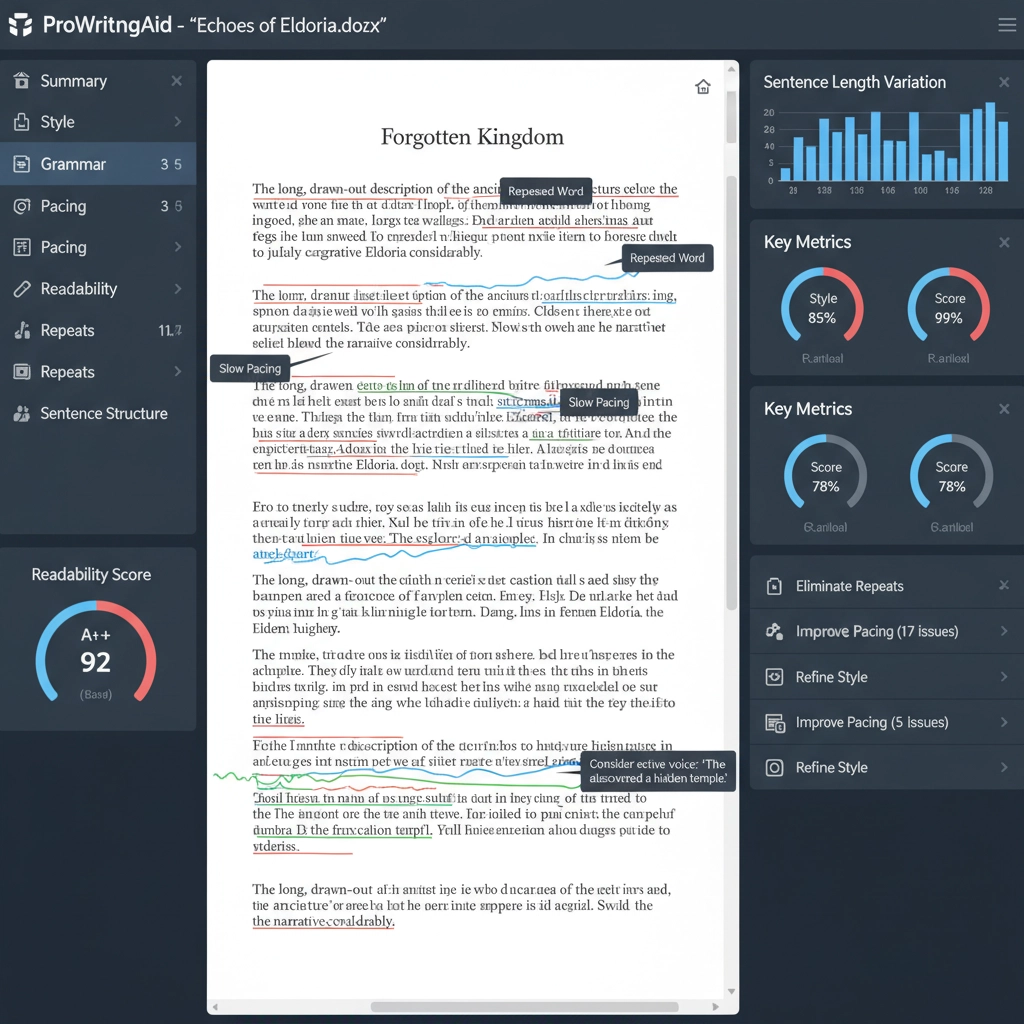 Computer screen showing ProWritingAid analysis interface highlighting style and pacing issues