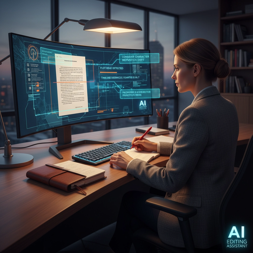Professional writer using AI as editing assistant, reviewing manuscript with highlighted plot inconsistencies on screen