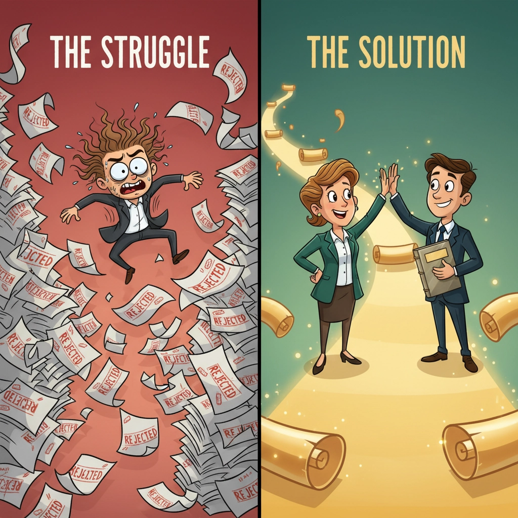  a stressed author dodging piles of cheap rejected manuscripts, with a golden path leading to a confident author high-fiving a reliable ghostwriter.