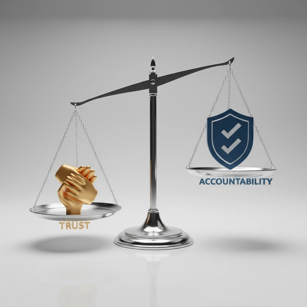 Balance scale showing trust and accountability in equal measure, representing healthy ghostwriting relationships