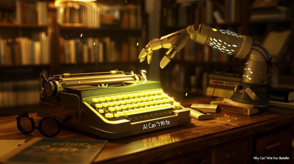 Concept image showing a robotic arm using a typewriter symbolizing the difference between AI-generated writing and human creativity in bestselling fiction