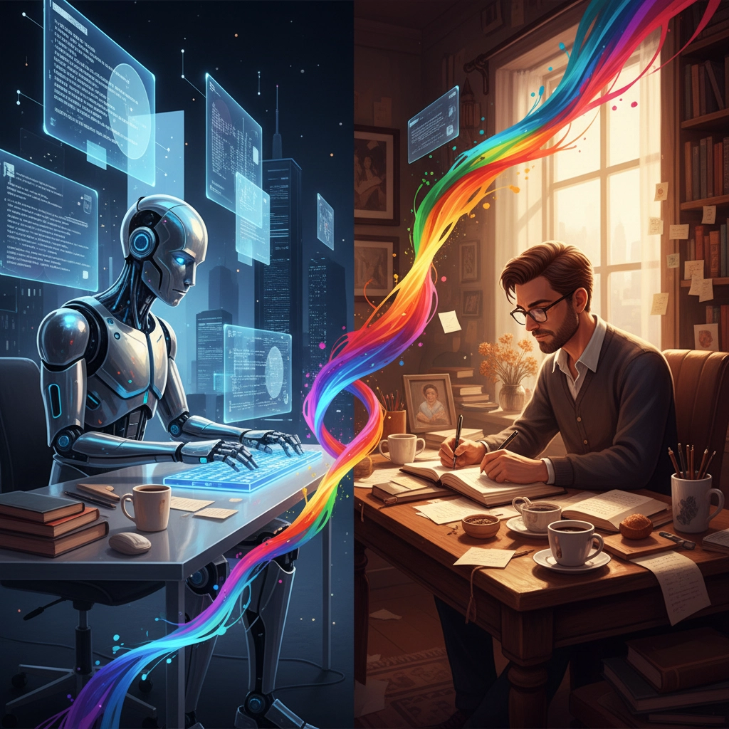 Warm desk scene with an open laptop coffee mug steam and a notebook filled with handwritten story notes