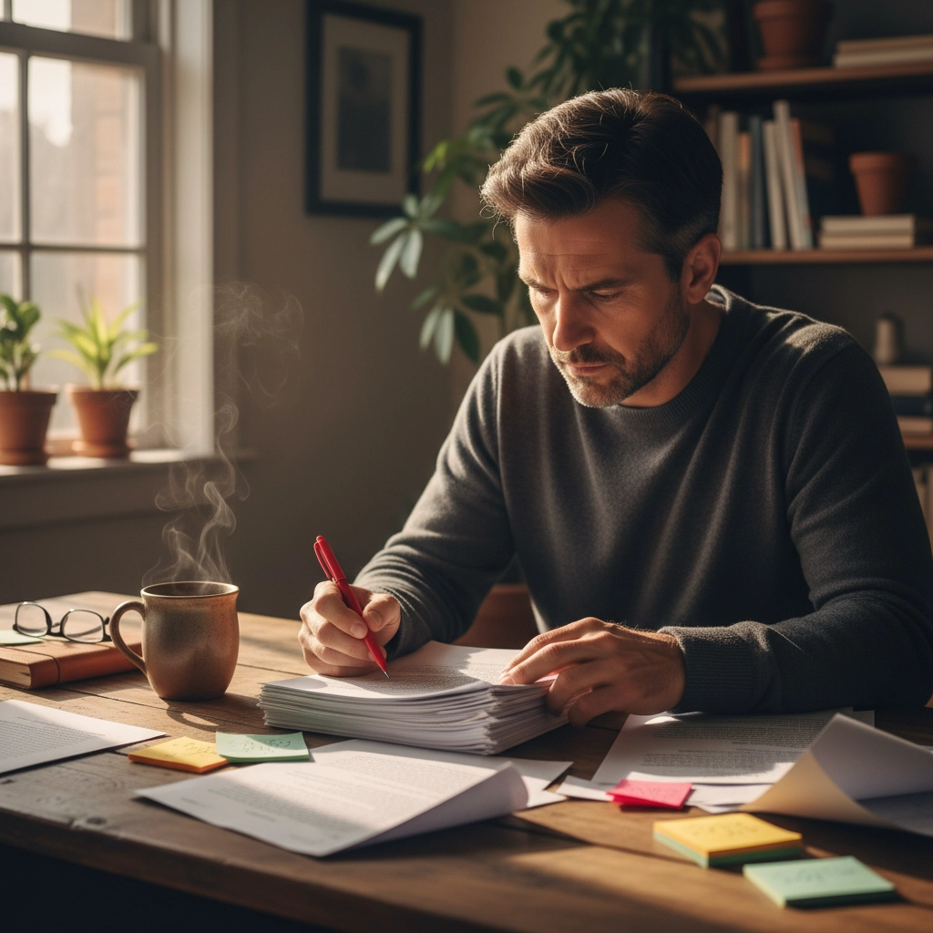 Professional author reviewing printed manuscript pages at desk with coffee