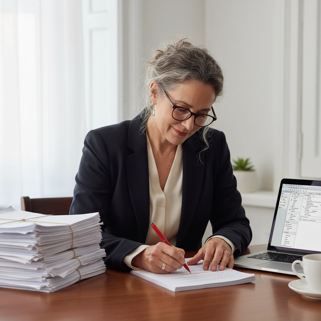 Experienced ghostwriter reviewing manuscript with red pen and laptop open