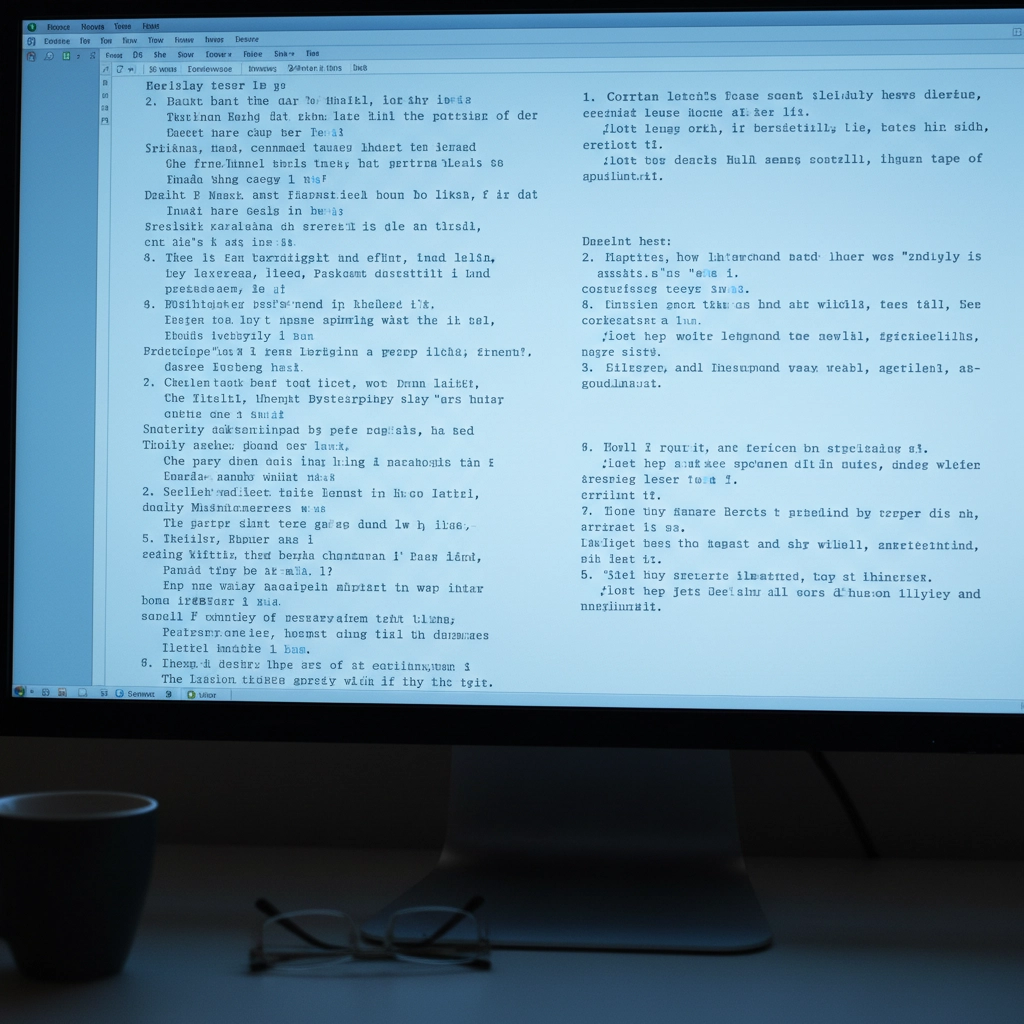 Computer screen showing repetitive text patterns and similar sentence structures