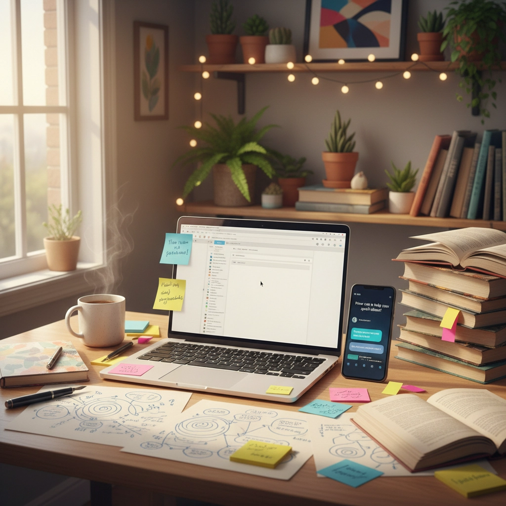 Professional writer at desk using laptop with notes scattered around showing creative process