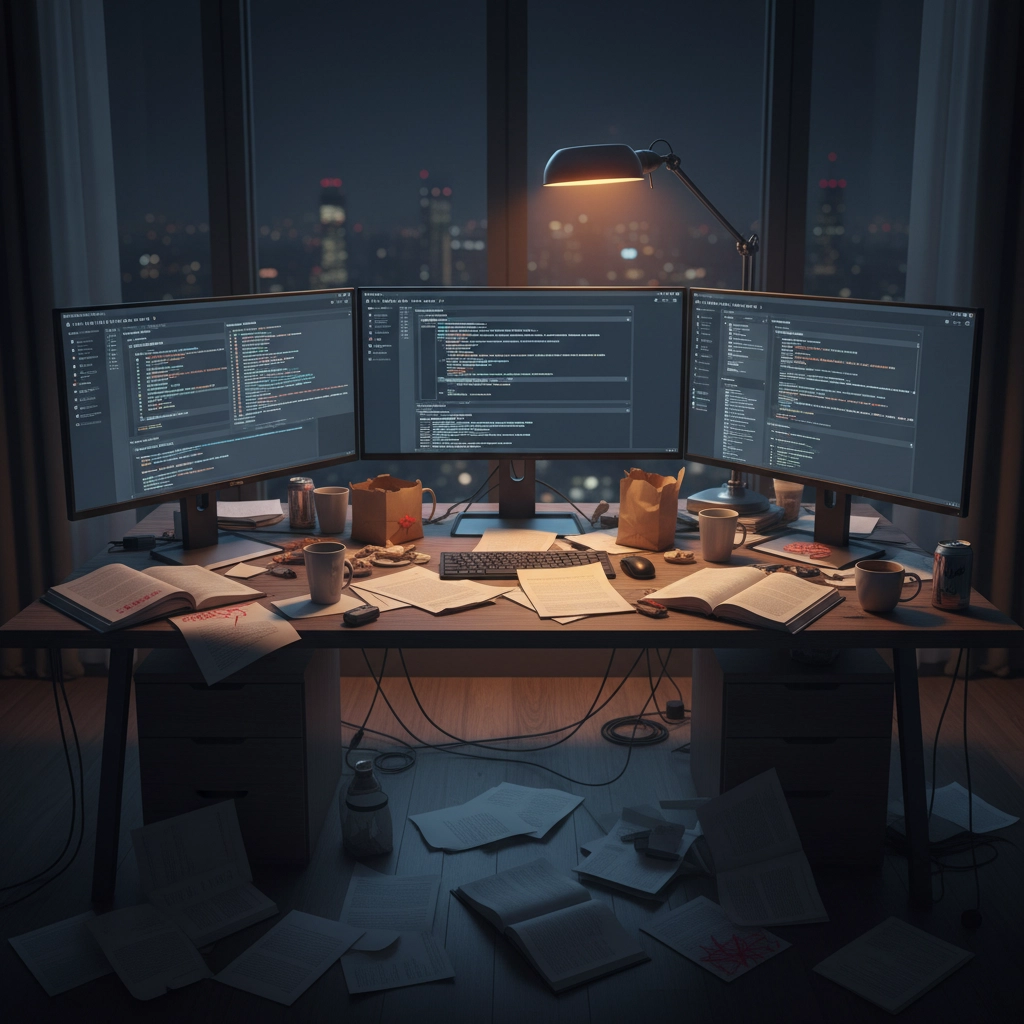 Modern office workspace showing computer screens with AI writing software interfaces and scattered printed manuscript pages