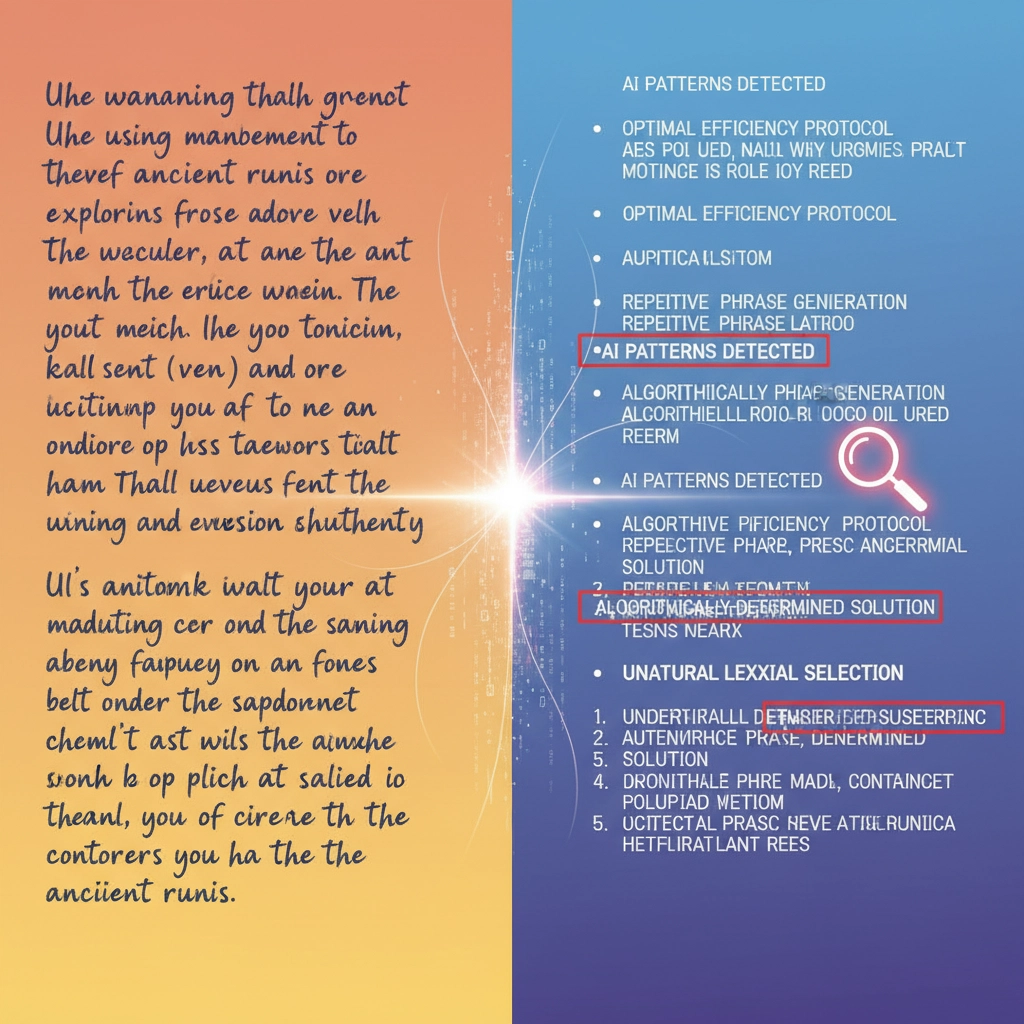 Split screen showing human-written text on one side and AI-generated text on the other with highlighting showing detectable patterns