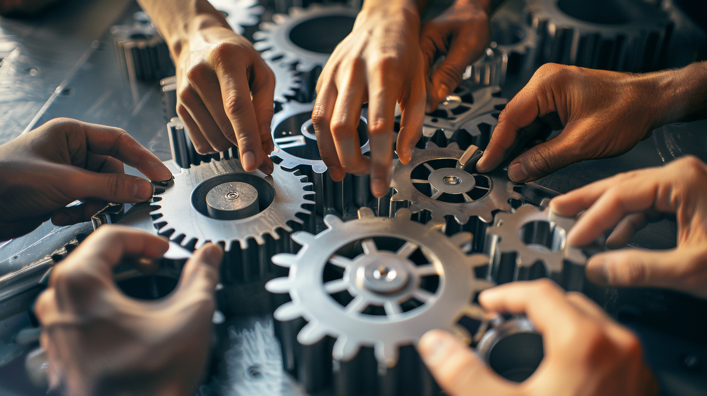 Hands assembling interlocking metal cogs, symbolizing the collaborative process of ghostwriting and the joint construction of a story between author and writer.