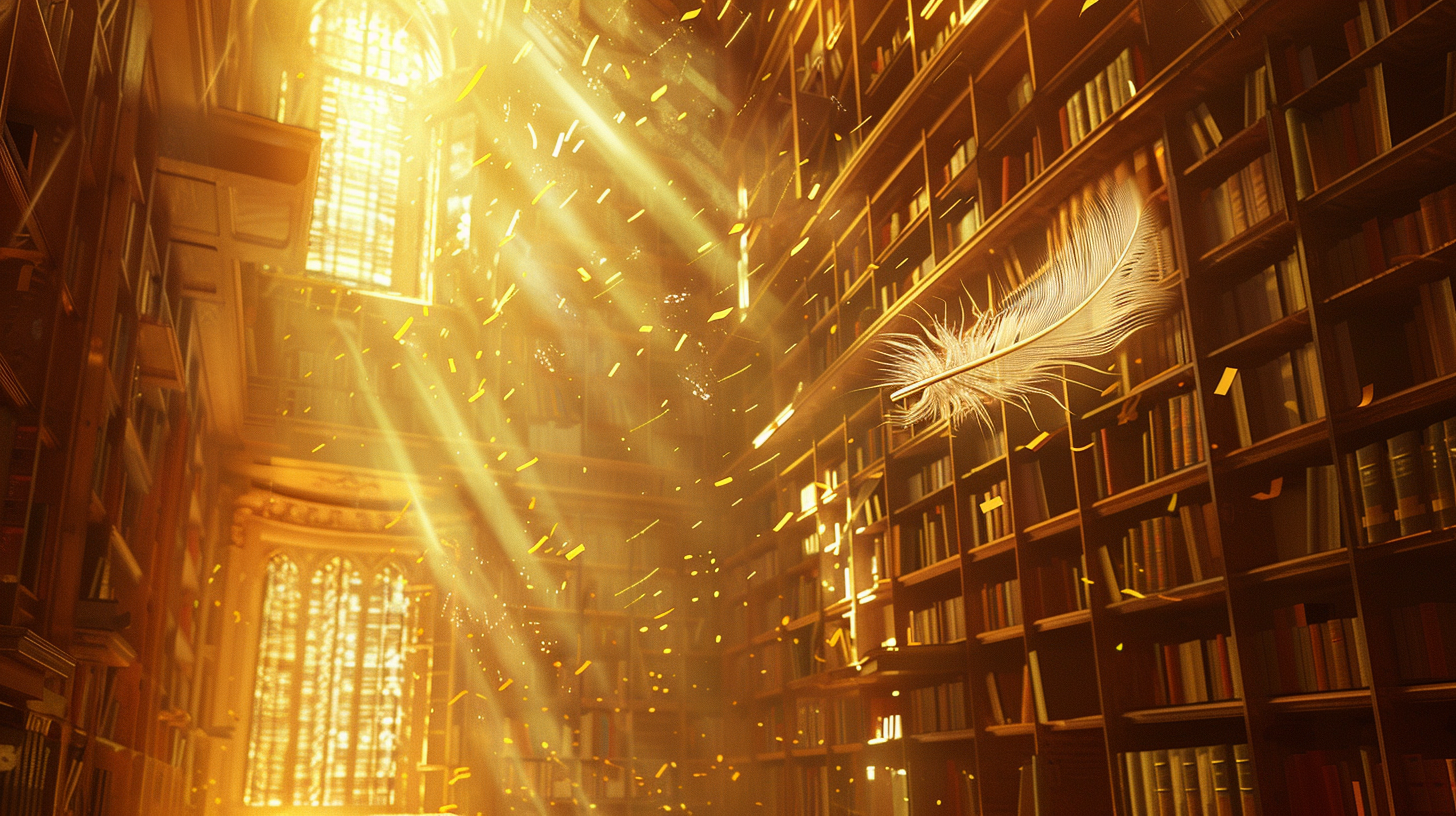Fantastical library filled with endless books and warm golden light, with a single white feather drifting through the air, symbolizing inspiration, imagination, and the magic of ghostwriting