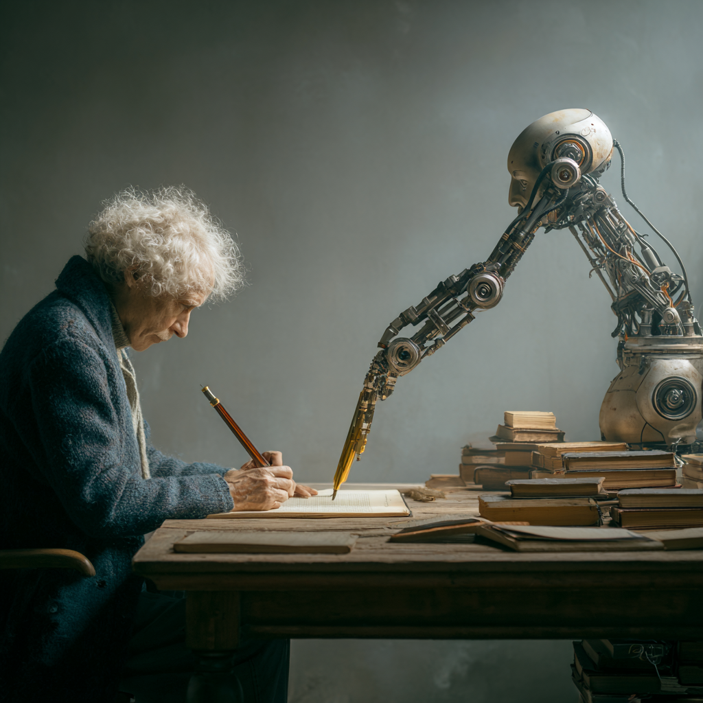 Concept image showing a human writer at a desk beside a robotic arm holding a pen, symbolizing the difference between AI-generated writing and human creativity in bestselling fiction.