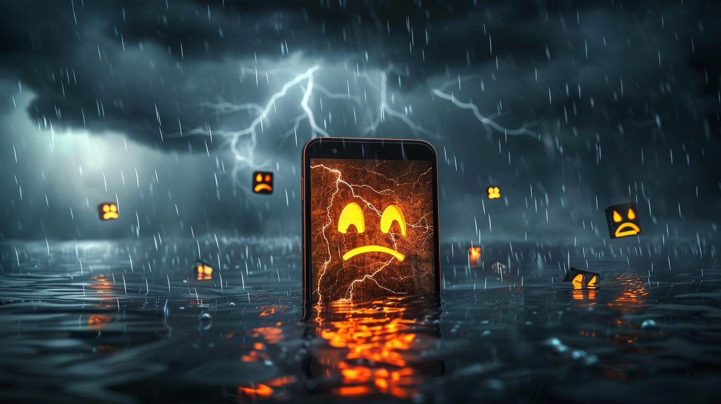 Cracked smartphone surrounded by angry emojis against a thunderstorm background, symbolizing reader backlash and negative reactions when ghostwriting is hidden or authorship feels deceptive