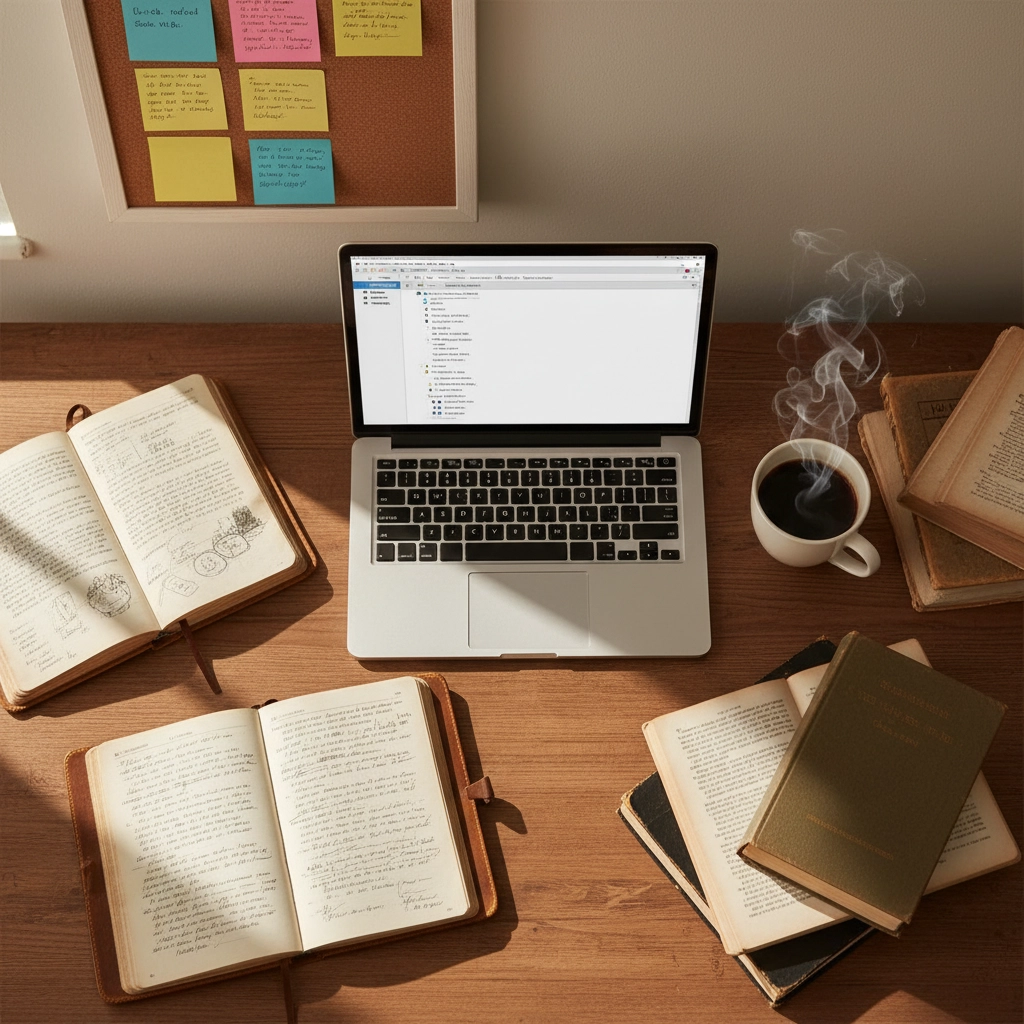 Professional author's organized workspace with computer, notebooks, and planning materials showing human-centered writing process