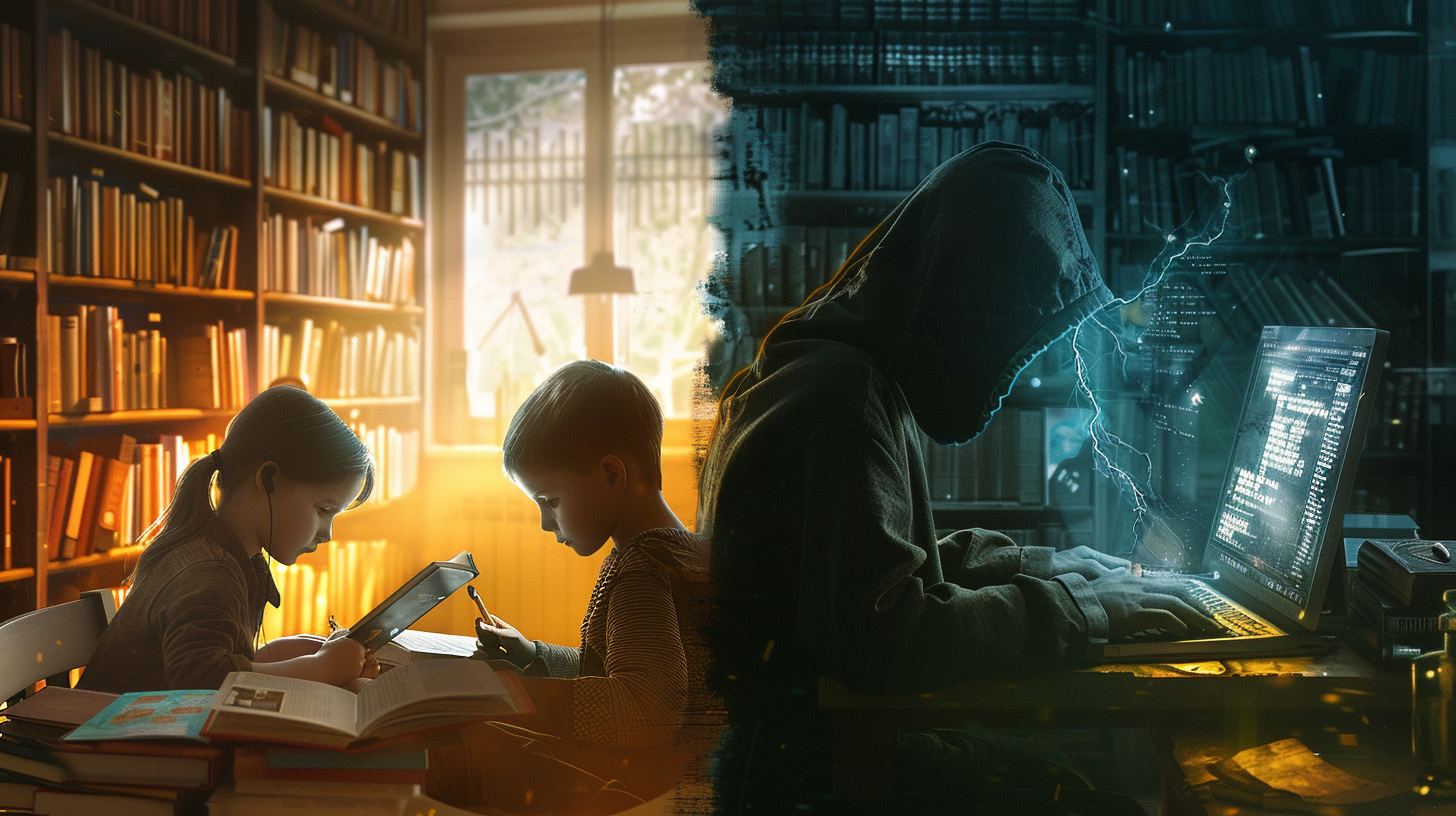 Transparency versus secrecy concept — contrast between children reading openly in daylight and a hooded ghostwriter working on a computer in the dark, symbolizing hidden authorship and the ethics of ghostwriting disclosure.