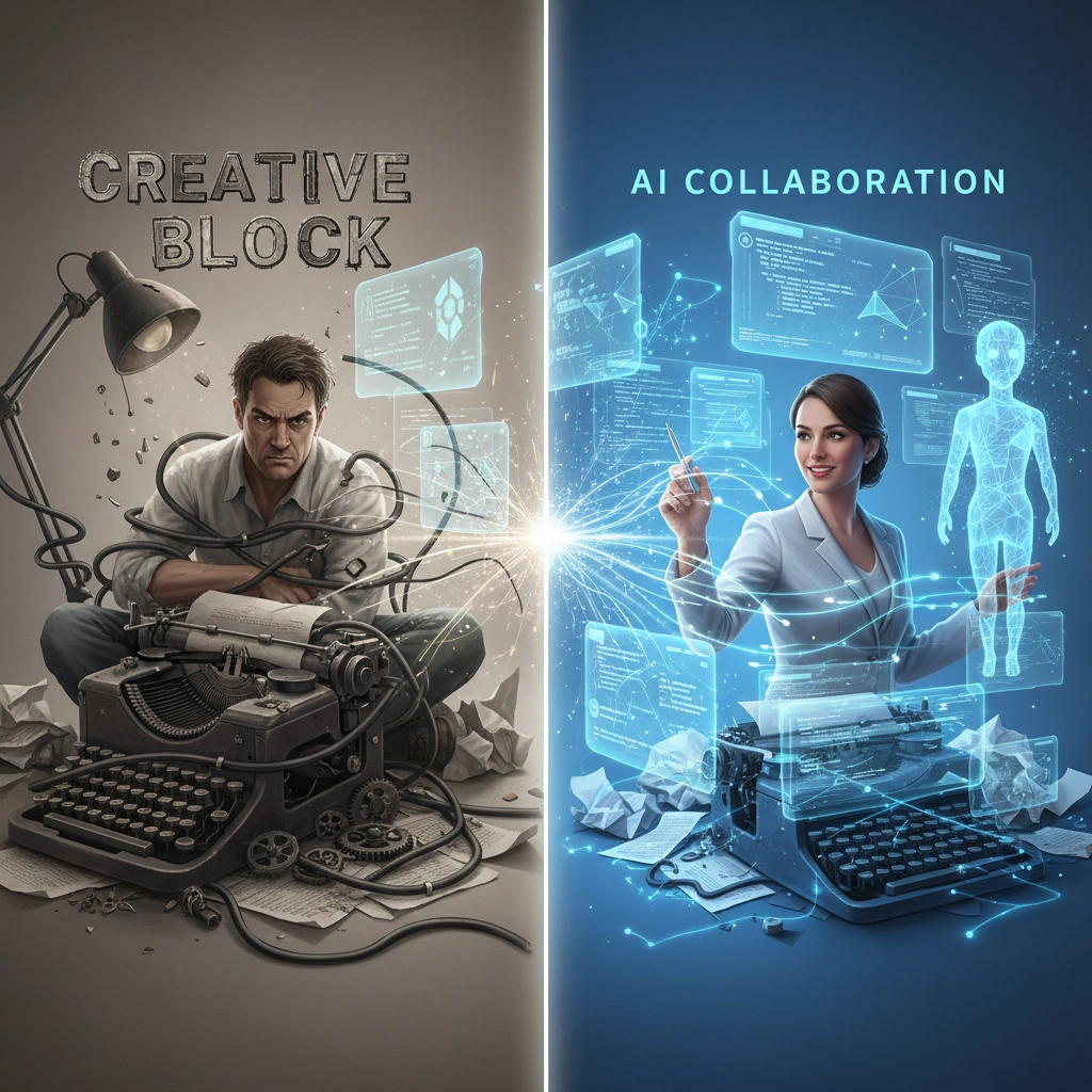 Concept image showing a human writer guiding AI generated ideas into a cohesive outline